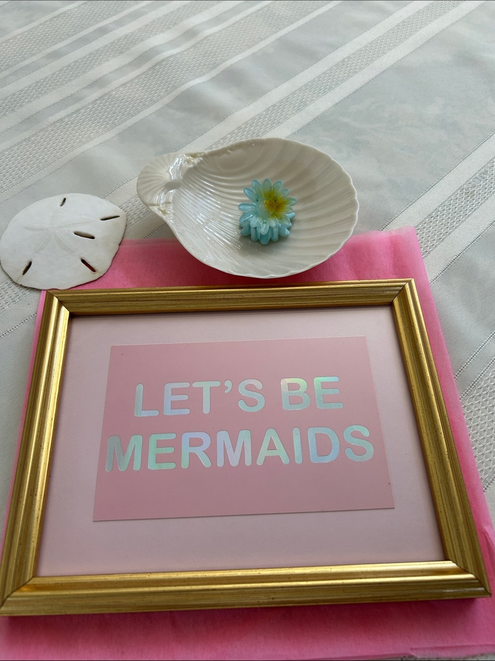 New “Let’s Be Mermaids” artwork in gold tone frame